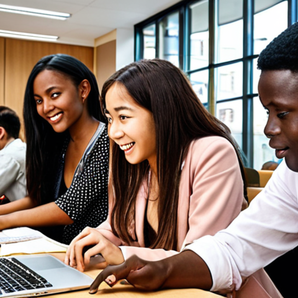 **

Prompt: A vibrant, bustling international business school campus scene. Students from diverse backgrounds (French, European, Asian, African) are collaborating enthusiastically on a project, surrounded by laptops and papers. The atmosphere is dynamic and modern, reflecting the school's focus on global networking. Include elements suggesting internships abroad – perhaps a glimpse of the Eiffel Tower or the London Eye in the background, subtly hinting at international opportunities. Focus on conveying a sense of energy, collaboration, and multiculturalism. Style: Clean, modern photography.

**