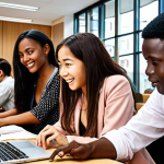 **

Prompt: A vibrant, bustling international business school campus scene. Students from diverse backgrounds (French, European, Asian, African) are collaborating enthusiastically on a project, surrounded by laptops and papers. The atmosphere is dynamic and modern, reflecting the school's focus on global networking. Include elements suggesting internships abroad – perhaps a glimpse of the Eiffel Tower or the London Eye in the background, subtly hinting at international opportunities. Focus on conveying a sense of energy, collaboration, and multiculturalism. Style: Clean, modern photography.

**