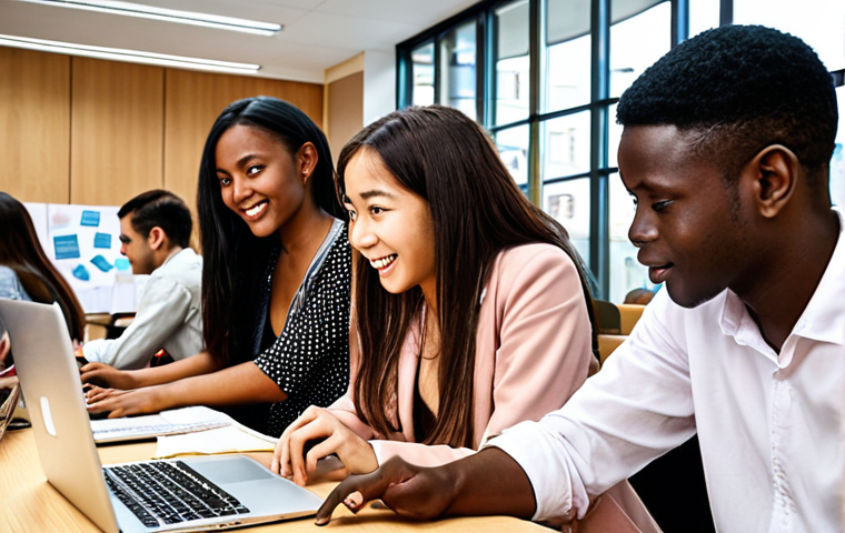 **
Prompt: A vibrant, bustling international business school campus scene. Students from diverse backgrounds (French, European, Asian, African) are collaborating enthusiastically on a project, surrounded by laptops and papers. The atmosphere is dynamic and modern, reflecting the school's focus on global networking. Include elements suggesting internships abroad – perhaps a glimpse of the Eiffel Tower or the London Eye in the background, subtly hinting at international opportunities. Focus on conveying a sense of energy, collaboration, and multiculturalism. Style: Clean, modern photography.
**