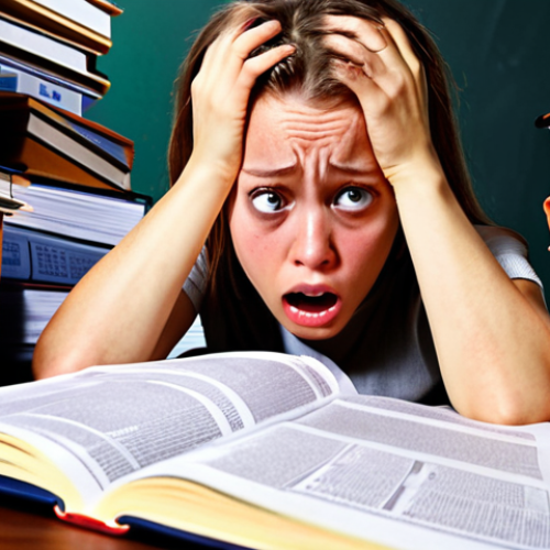 Home 14 **
A stressed student sweating profusely over a complex international trade exam. The exam paper is filled with confusing Incoterms and trade regulations. In the background, stacks of documents and textbooks overflow from the desk. Emphasis on the pressure and details causing anxiety.
**