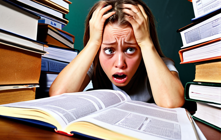 **
A stressed student sweating profusely over a complex international trade exam. The exam paper is filled with confusing Incoterms and trade regulations. In the background, stacks of documents and textbooks overflow from the desk. Emphasis on the pressure and details causing anxiety.
**