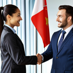 **

*   **Prompt:** A professional wearing a business suit confidently shaking hands with an international client in a modern office setting. The scene emphasizes successful cross-cultural communication and a strong professional relationship. Add visual elements to show internationality, for example, flags in the background.

**