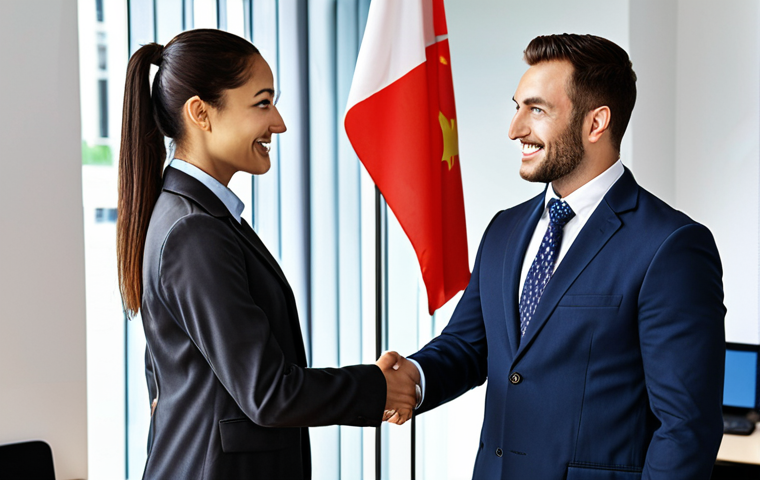 **
* **Prompt:** A professional wearing a business suit confidently shaking hands with an international client in a modern office setting. The scene emphasizes successful cross-cultural communication and a strong professional relationship. Add visual elements to show internationality, for example, flags in the background.
**
