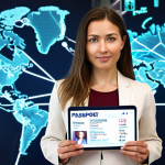 A confident business professional of European descent, standing in a sleek, modern, well-lit office. Behind them, a vibrant, abstract digital network or global map pulses with connections, symbolizing unlocked international opportunities. The person holds a glowing, stylized "passport" labeled "Business English," representing access to the global market. The overall mood is ambitious, forward-thinking, and empowering. Focus on clean lines, a professional aesthetic, and a sense of achievement.