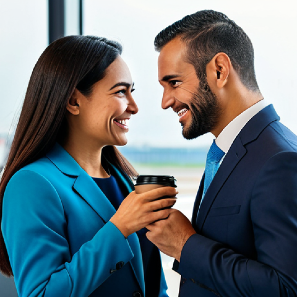 A professional male and female business executive, both fully clothed in modest, contemporary business suits, engaging in a collaborative discussion over a coffee at a sleek, modern international airport lounge. They are making eye contact, smiling genuinely, conveying trust and understanding. The background shows blurred windows with a distant cityscape, emphasizing seamless cross-cultural communication and building strong business relationships. perfect anatomy, correct proportions, natural pose, well-formed hands, proper finger count, natural body proportions, professional photography, high quality, safe for work, appropriate content, fully clothed, professional.