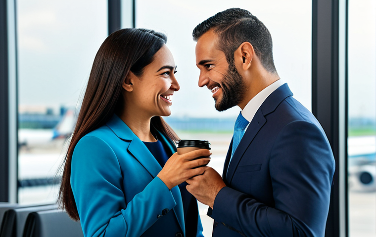 A professional male and female business executive, both fully clothed in modest, contemporary business suits, engaging in a collaborative discussion over a coffee at a sleek, modern international airport lounge. They are making eye contact, smiling genuinely, conveying trust and understanding. The background shows blurred windows with a distant cityscape, emphasizing seamless cross-cultural communication and building strong business relationships. perfect anatomy, correct proportions, natural pose, well-formed hands, proper finger count, natural body proportions, professional photography, high quality, safe for work, appropriate content, fully clothed, professional.