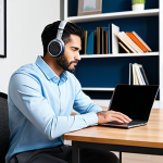 A diverse professional in a modest business casual outfit, sitting comfortably at a sleek wooden desk in a bright, contemporary home office. The subject is focused on a laptop displaying a business news website and has a pair of wireless headphones on, actively listening to an economic podcast. The background is clean and organized with a bookshelf in soft focus. The atmosphere is studious and determined, highlighting continuous learning. Fully clothed, appropriate attire, modest, safe for work, appropriate content, perfect anatomy, correct proportions, natural pose, well-formed hands, proper finger count, natural body proportions, professional photography, high quality.