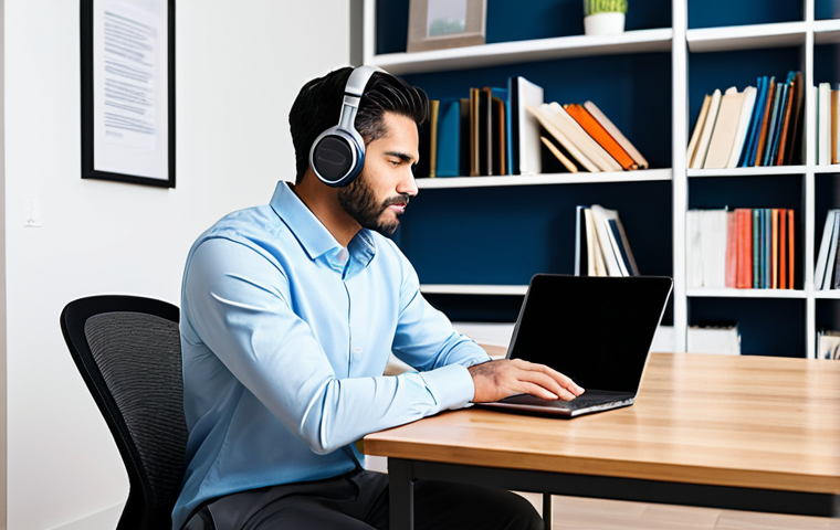 A diverse professional in a modest business casual outfit, sitting comfortably at a sleek wooden desk in a bright, contemporary home office. The subject is focused on a laptop displaying a business news website and has a pair of wireless headphones on, actively listening to an economic podcast. The background is clean and organized with a bookshelf in soft focus. The atmosphere is studious and determined, highlighting continuous learning. Fully clothed, appropriate attire, modest, safe for work, appropriate content, perfect anatomy, correct proportions, natural pose, well-formed hands, proper finger count, natural body proportions, professional photography, high quality.