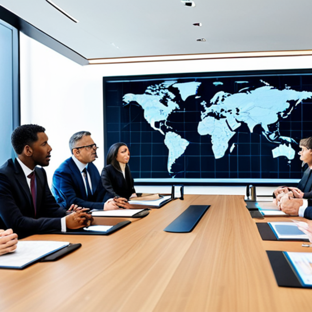 A group of diverse business professionals in professional business suits and dresses, engaged in a serious discussion around a large conference table in a high-tech boardroom. A large screen behind them displays abstract global economic data charts and interconnected lines, symbolizing international trade or legal agreements. The setting is modern and sleek, emphasizing global connectivity and strategic decision-making. safe for work, appropriate content, fully clothed, professional, modest clothing, appropriate attire, professional dress, perfect anatomy, correct proportions, natural pose, well-formed hands, proper finger count, natural body proportions, high-resolution, corporate photography.