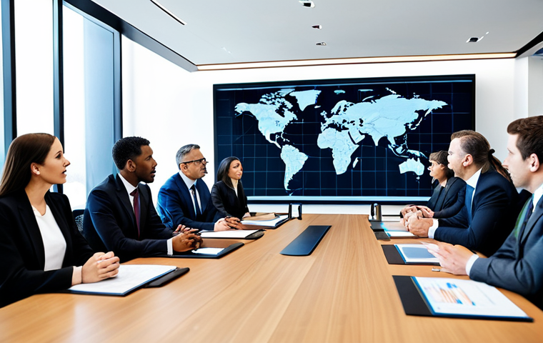 A group of diverse business professionals in professional business suits and dresses, engaged in a serious discussion around a large conference table in a high-tech boardroom. A large screen behind them displays abstract global economic data charts and interconnected lines, symbolizing international trade or legal agreements. The setting is modern and sleek, emphasizing global connectivity and strategic decision-making. safe for work, appropriate content, fully clothed, professional, modest clothing, appropriate attire, professional dress, perfect anatomy, correct proportions, natural pose, well-formed hands, proper finger count, natural body proportions, high-resolution, corporate photography.