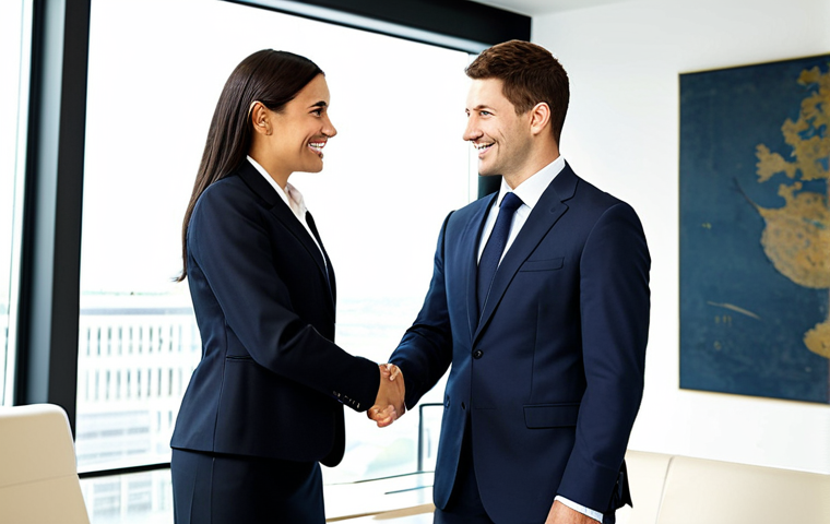 Successful Businesswoman**

"A confident businesswoman in a tailored business suit, shaking hands with a foreign partner in a modern office setting, fully clothed, appropriate attire, safe for work, perfect anatomy, natural proportions, professional corporate photography, high quality, professional, family-friendly."

**