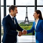 International Businesswoman**

"A professional businesswoman, fully clothed in a tailored business suit, shaking hands with a male business partner in a modern Parisian office. Large windows with the Eiffel Tower visible in the background. Natural lighting, professional photography, perfect anatomy, correct proportions, appropriate attire, safe for work, family-friendly, high quality."

**