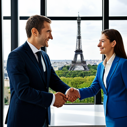 Home 16 International Businesswoman**
"A professional businesswoman, fully clothed in a tailored business suit, shaking hands with a male business partner in a modern Parisian office. Large windows with the Eiffel Tower visible in the background. Natural lighting, professional photography, perfect anatomy, correct proportions, appropriate attire, safe for work, family-friendly, high quality."
**