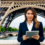 **

"A well-dressed Parisian businesswoman in a stylish, yet modest, business suit, standing in front of the Eiffel Tower, holding a tablet displaying financial data. Fully clothed, appropriate attire. Professional photograph, perfect anatomy, natural proportions, safe for work, family-friendly."

**