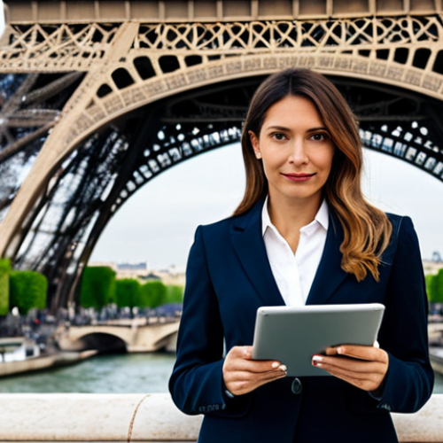 Home 15 **
"A well-dressed Parisian businesswoman in a stylish, yet modest, business suit, standing in front of the Eiffel Tower, holding a tablet displaying financial data. Fully clothed, appropriate attire. Professional photograph, perfect anatomy, natural proportions, safe for work, family-friendly."
**
