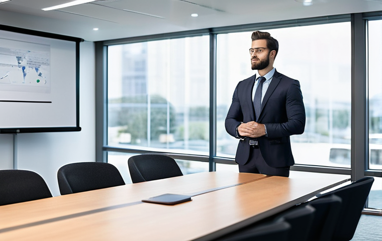 무역영어 실기시험 대비에서 자주 묻는 질문 - **Prompt:** A confident young professional, male or female, standing in a modern, well-lit conferenc...