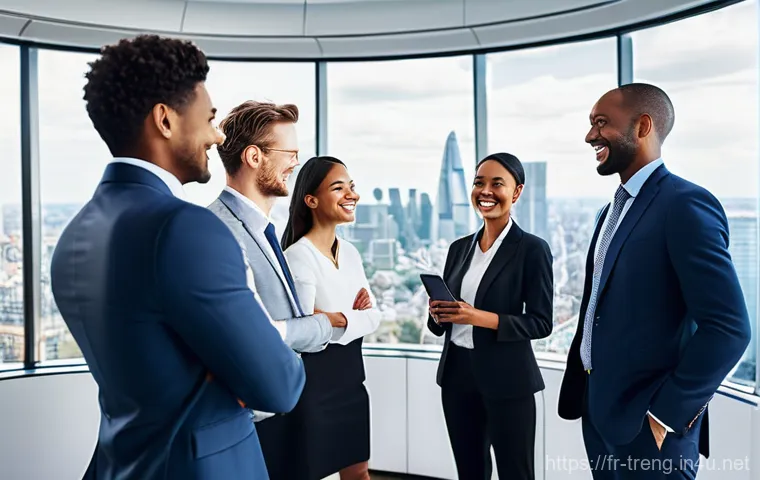 무역영어를 활용한 이직 성공 사례 - **Prompt:** A diverse group of confident business professionals from various international backgroun...