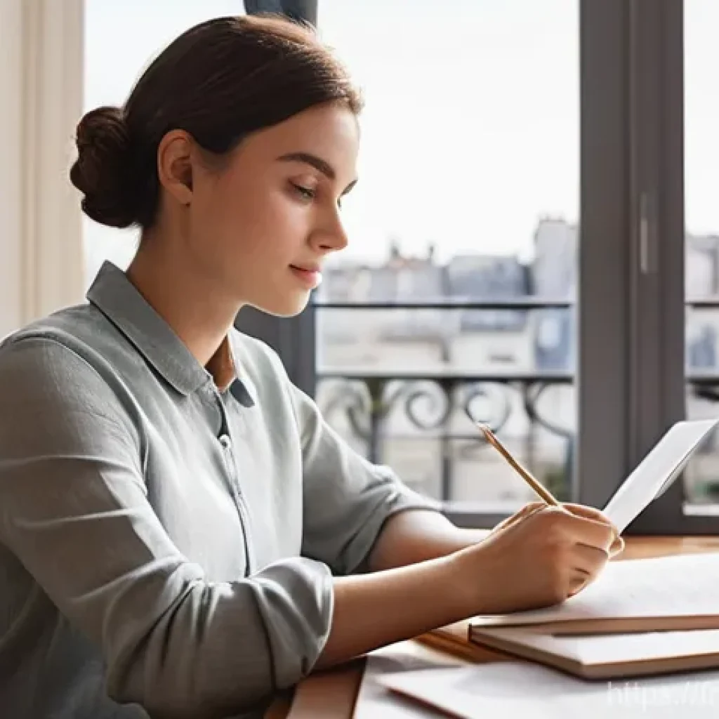 무역영어 실기시험 대비에서 배운 점 - **Prompt 1: Focused Study and Vocabulary Building**
    A young French woman, in her late 20s, with ...