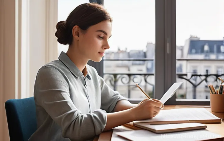 무역영어 실기시험 대비에서 배운 점 - **Prompt 1: Focused Study and Vocabulary Building**
A young French woman, in her late 20s, with ...
