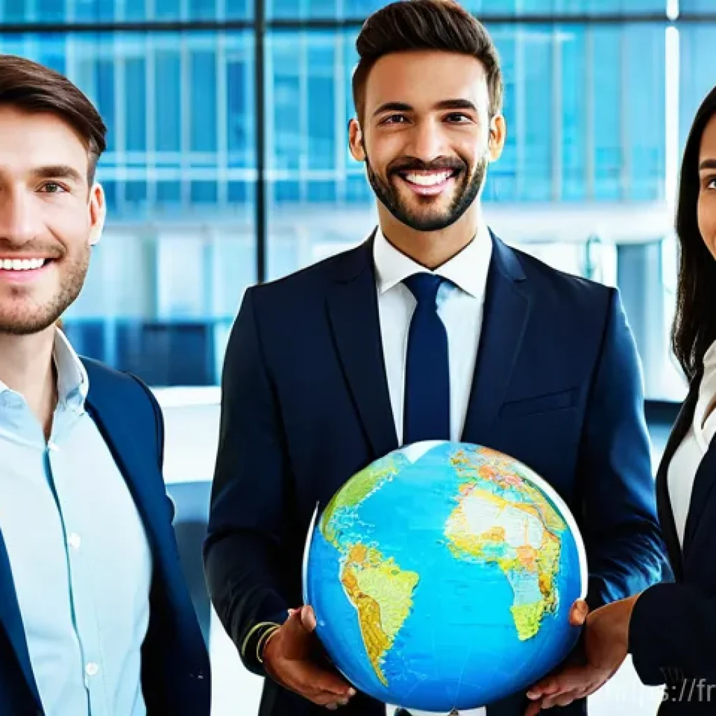 무역영어 자격증 취득 후 경력 발전 - **Prompt:** A diverse group of four to five young, professional adults (French, European, and other ...