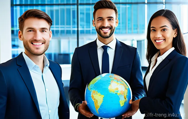 무역영어 자격증 취득 후 경력 발전 - **Prompt:** A diverse group of four to five young, professional adults (French, European, and other ...