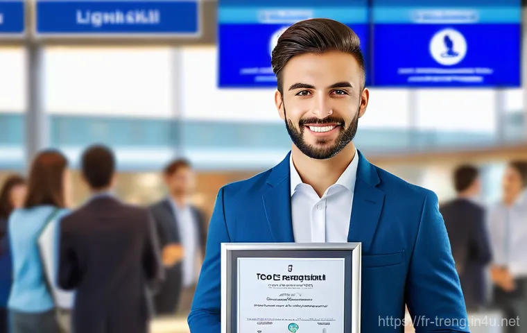 무역영어 자격증 취득 후 경력 발전 - **Prompt:** A diverse group of four to five young, professional adults (French, European, and other ...