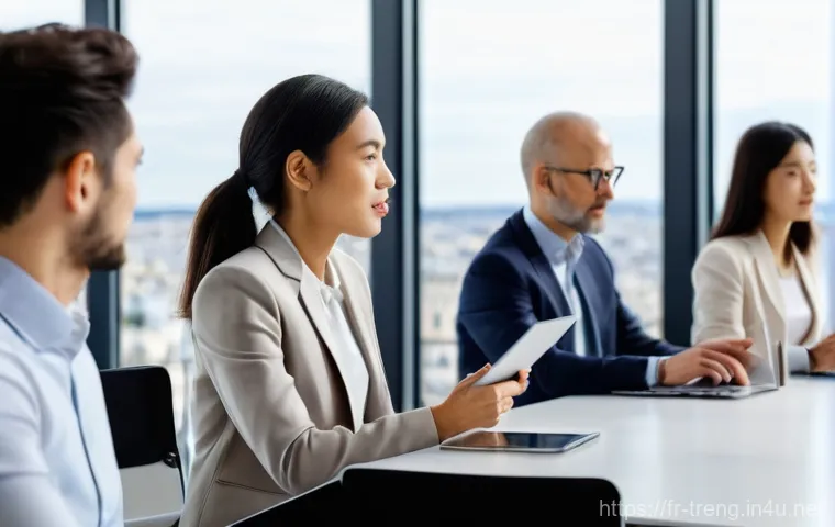 무역영어 자격증의 취업 활용 사례와 직무 연결성 - **Prompt:** A dynamic, wide-angle shot of a diverse group of international business professionals in...