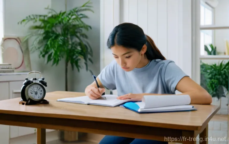 무역영어 시험에서 시간 관리하는 법 - A young adult, possibly in their early twenties, sits at a well-lit desk in a quiet, organized home ...