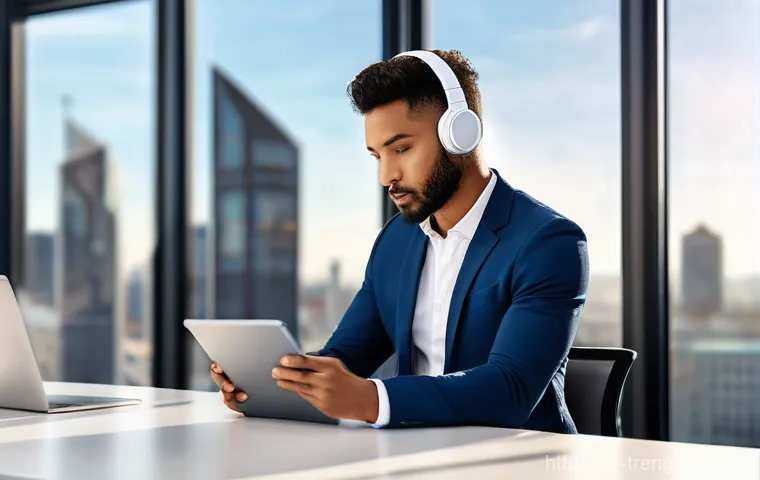 무역영어 시험 대비의 최신 팁 - Image Prompt 1: Modern Business English Learning with Technology**