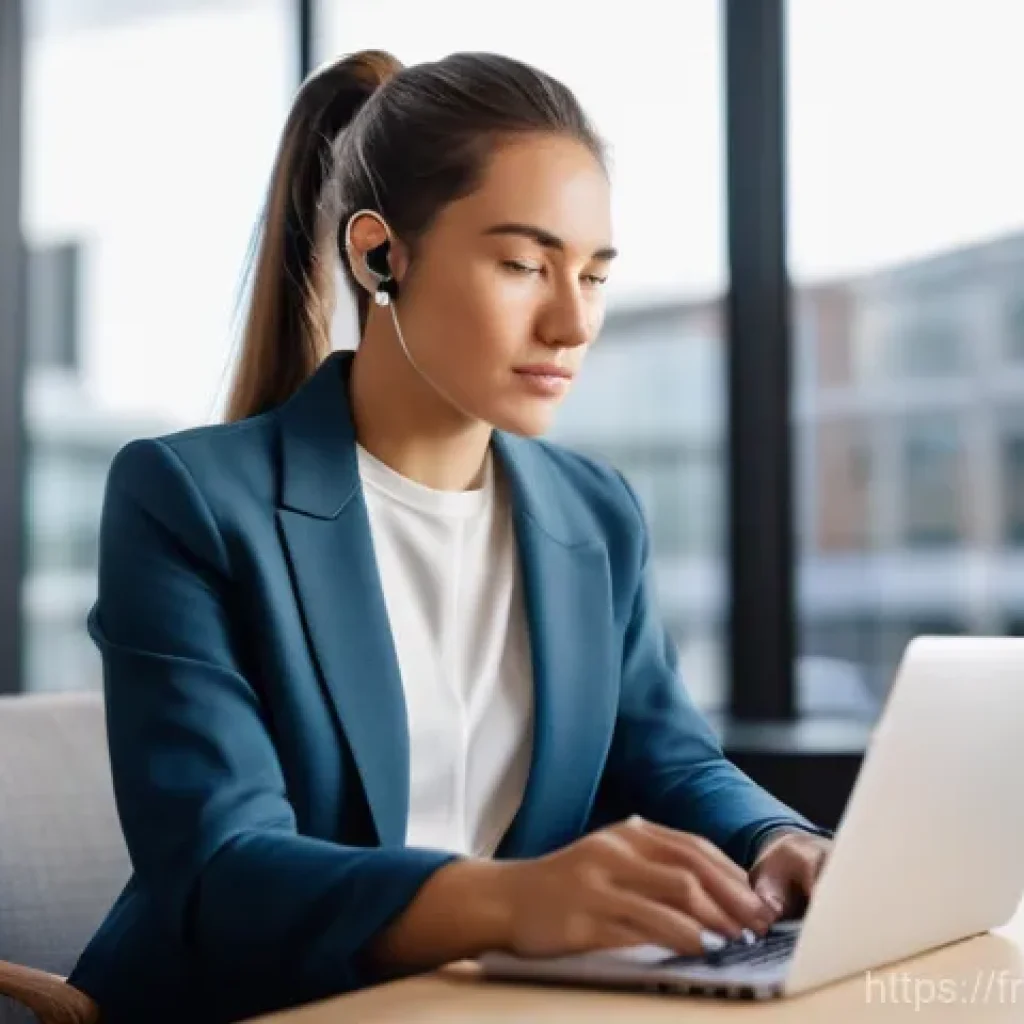 무역영어 학습 자료의 체계적 활용과 정리법 - A focused young professional woman, in her late 20s, with a neat ponytail, wearing a stylish, modest...