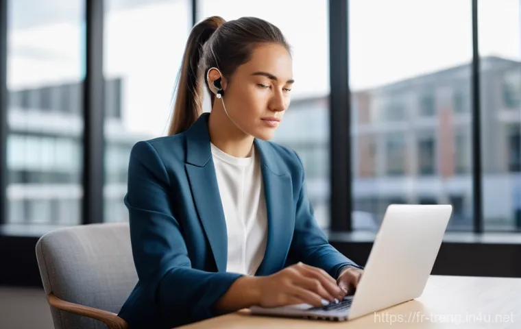 무역영어 학습 자료의 체계적 활용과 정리법 - A focused young professional woman, in her late 20s, with a neat ponytail, wearing a stylish, modest...