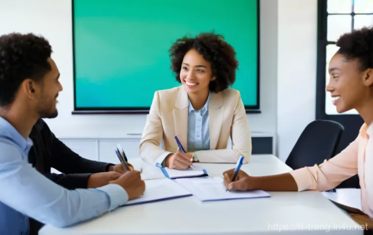 무역영어 필기시험을 위한 참고 자료 - **Prompt:** A diverse group of young professionals (20s-30s, mixed genders) is actively engaged in a...