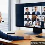 무역영어 시험 대비 커리큘럼 제작 - **Prompt: Global Virtual Business Meeting with Diverse Professionals**
A high-angle, cinematic s...