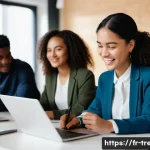 무역영어 필기와 실기 시험의 난이도 비교 - **Prompt:** A diverse group of five young professionals (men and women, ages 25-35, of various ethni...