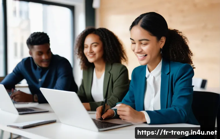 무역영어 필기와 실기 시험의 난이도 비교 - **Prompt:** A diverse group of five young professionals (men and women, ages 25-35, of various ethni...