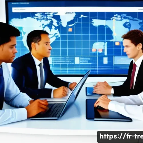 무역영어 자격증으로 지원 가능한 기업 - A modern international trade office scene showing a diverse team of professionals in business attire...