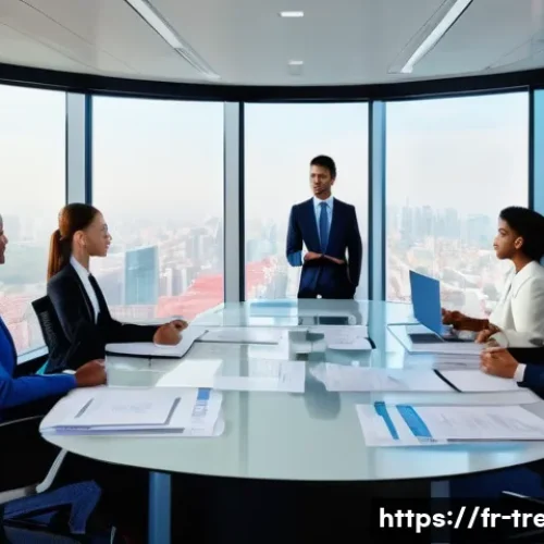 무역영어 독학을 위한 필수 자료 - A modern international business office scene showing a diverse group of professionals in formal atti...