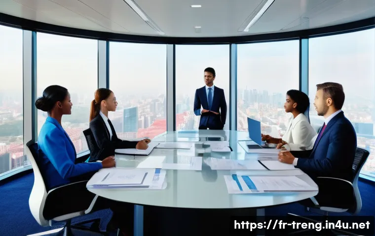 무역영어 독학을 위한 필수 자료 - A modern international business office scene showing a diverse group of professionals in formal atti...