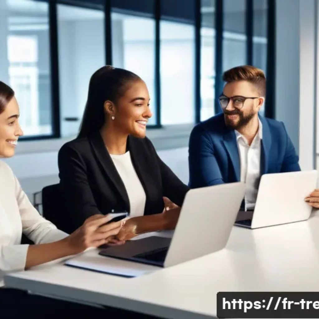 무역영어 학습 자료를 효과적으로 활용하는 법 - A modern office scene showing a diverse group of young professionals engaged in a virtual business E...