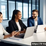 무역영어 학습 자료를 효과적으로 활용하는 법 - A modern office scene showing a diverse group of young professionals engaged in a virtual business E...