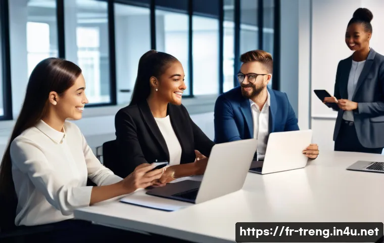 무역영어 학습 자료를 효과적으로 활용하는 법 - A modern office scene showing a diverse group of young professionals engaged in a virtual business E...