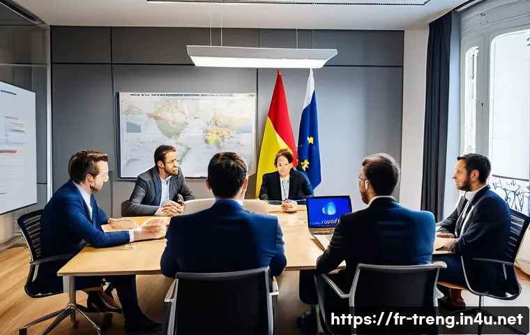 무역영어 자격증의 국가별 인정 현황 - A professional European business meeting scene set in a modern office in Paris, featuring diverse We...