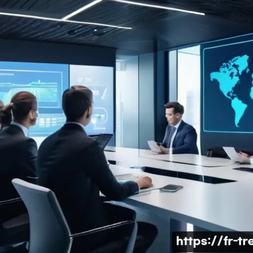 무역영어와 관련된 최신 무역 트렌드 - A modern international business meeting scene in a sleek corporate office with diverse professionals...