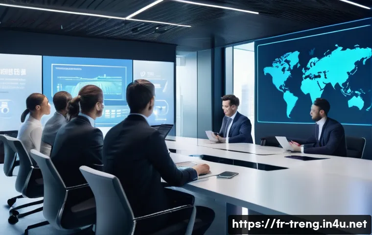 무역영어와 관련된 최신 무역 트렌드 - A modern international business meeting scene in a sleek corporate office with diverse professionals...