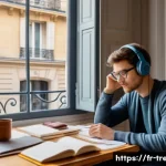 무역영어 실기시험 대비 타임테이블 작성 - A focused young French business student sitting at a clean, modern desk in a cozy Parisian apartment...