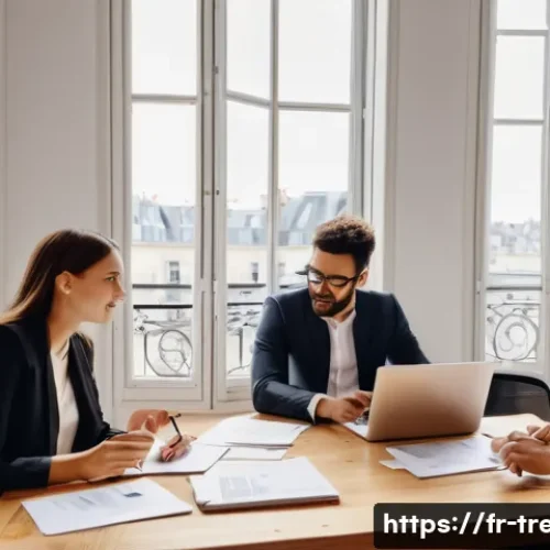 무역영어 실기시험 대비 주요 학습법 분석 - A modern French office scene showing a diverse group of young professionals collaborating around a l...