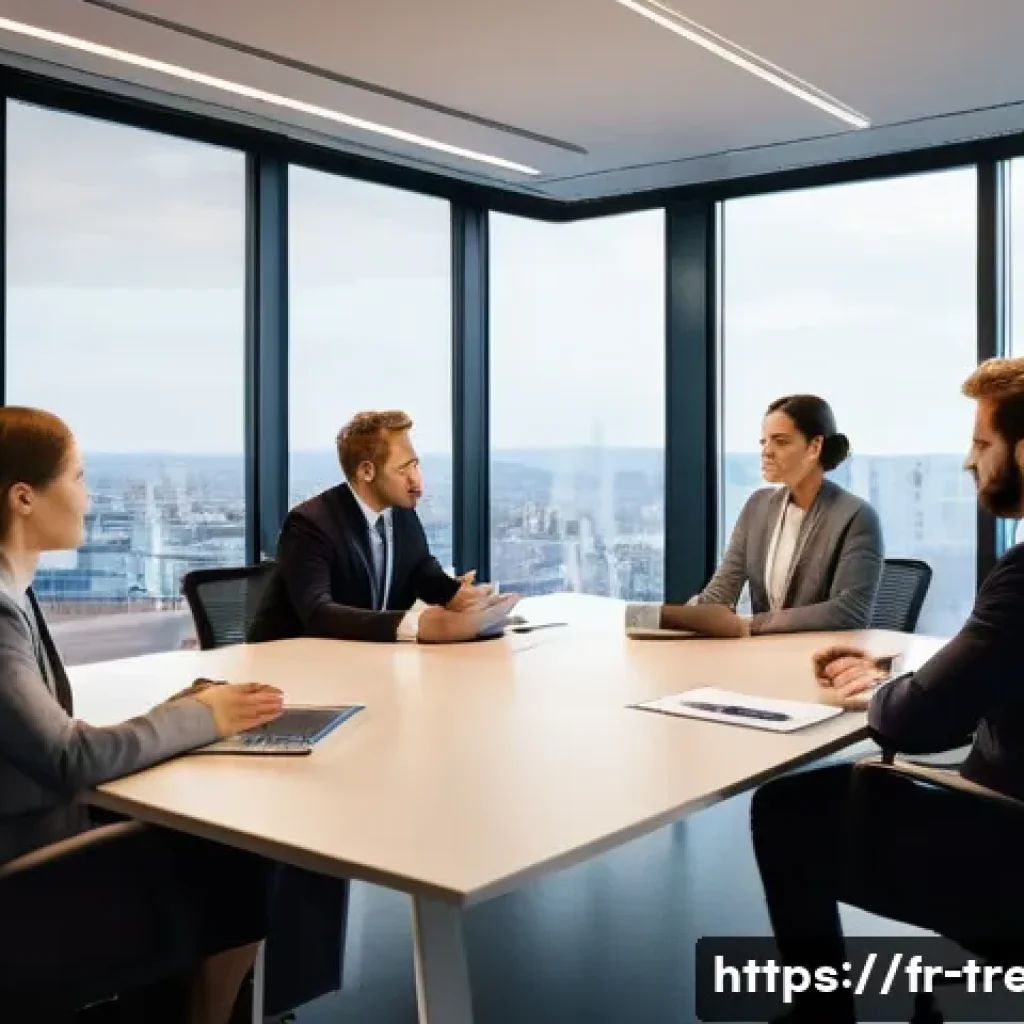 무역영어 실무와 학문적 접근 - A professional international business meeting scene set in a modern European office, featuring diver...