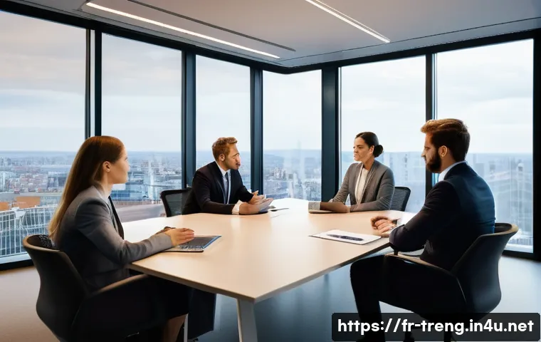 무역영어 실무와 학문적 접근 - A professional international business meeting scene set in a modern European office, featuring diver...