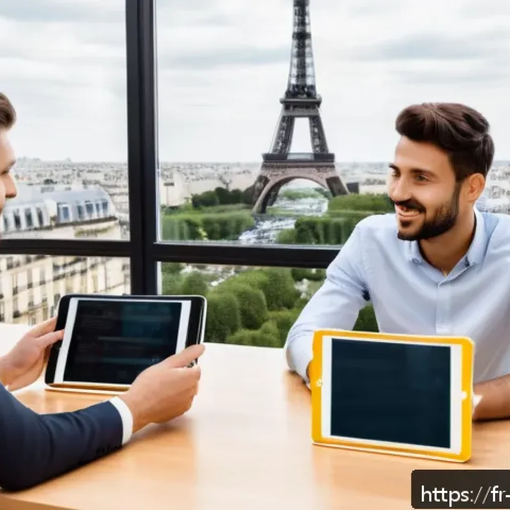 무역영어 학습 앱 추천 - A modern, bright co-working space in Paris with diverse young professionals engaged in a business En...