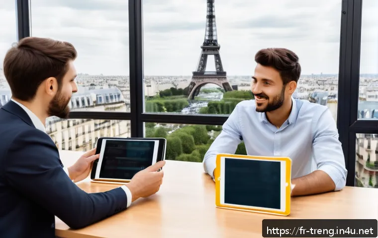 무역영어 학습 앱 추천 - A modern, bright co-working space in Paris with diverse young professionals engaged in a business En...